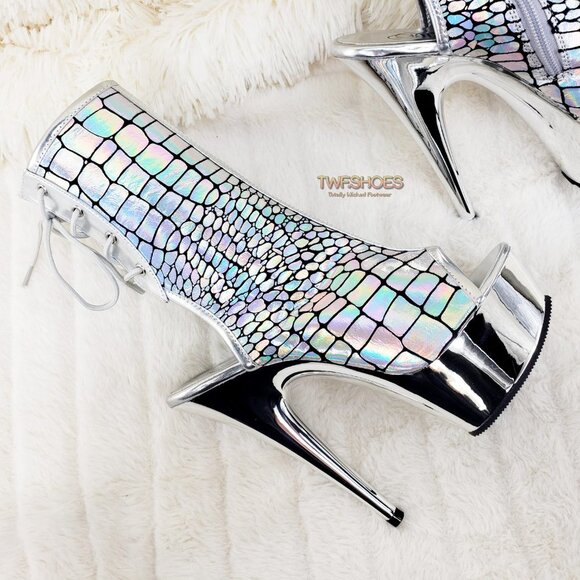 Brand New Delight 1018HG Sexy Silver Hologram Platform Heels Ankle Boots - Picture 1 of 16